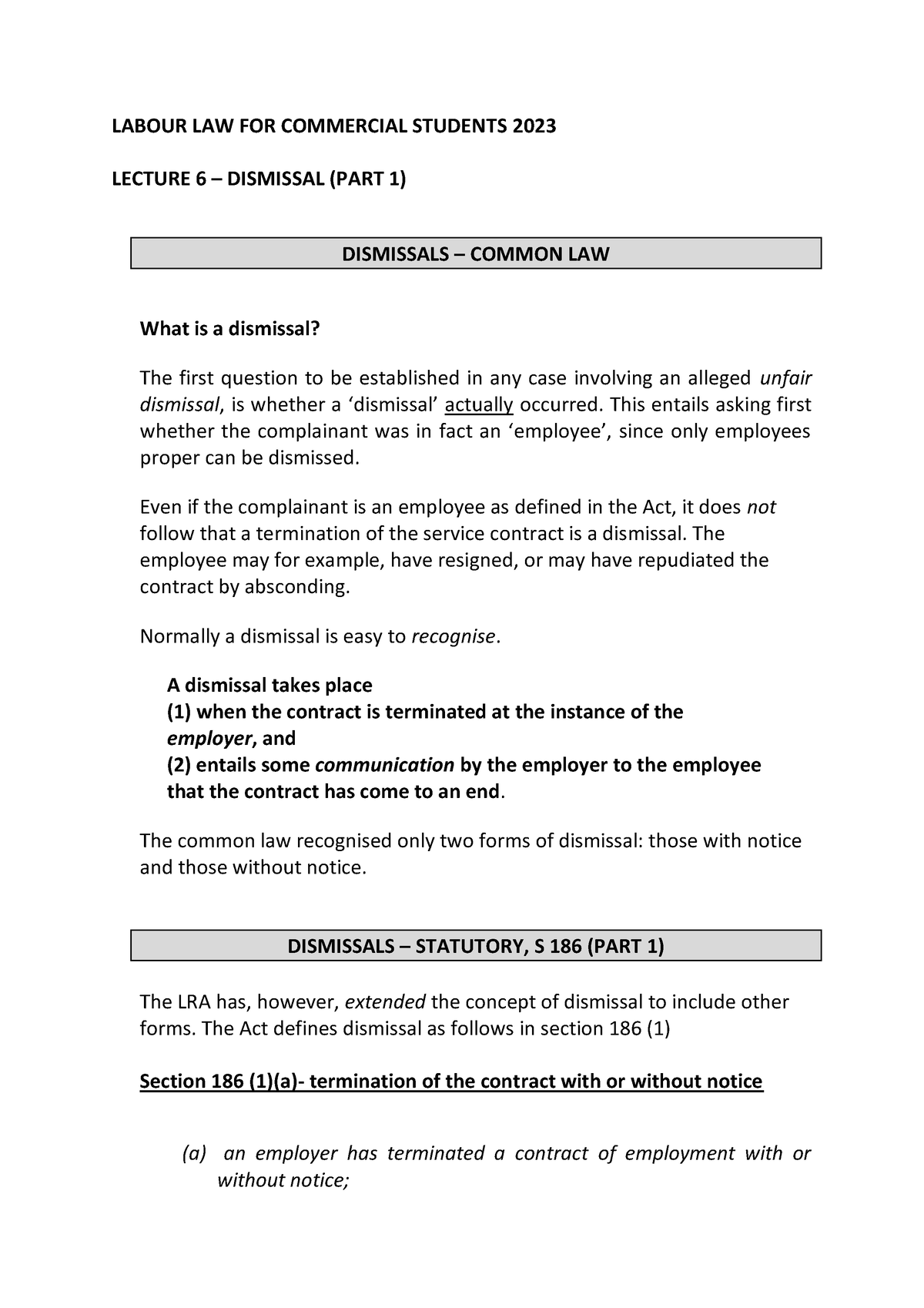 Labour LAW - Lecture 6 - 2023 - LABOUR LAW FOR COMMERCIAL STUDENTS 2023 ...