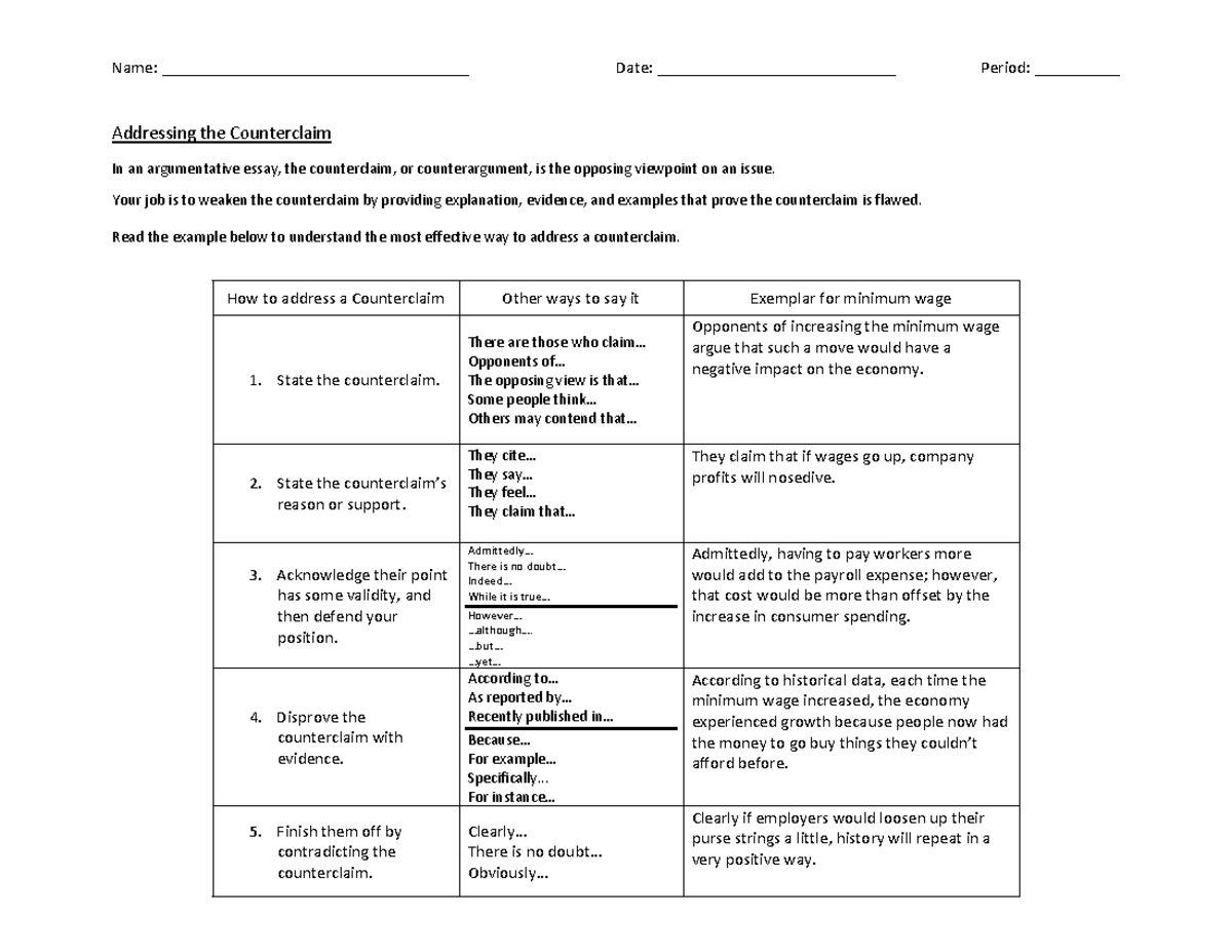 addressing counterclaim in essay