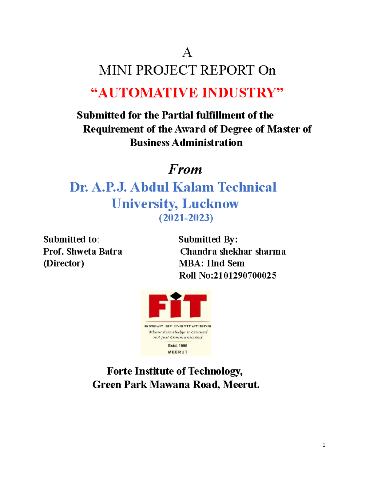 Automotive Industry MBA Sem 2 Project - A MINI PROJECT REPORT On ...