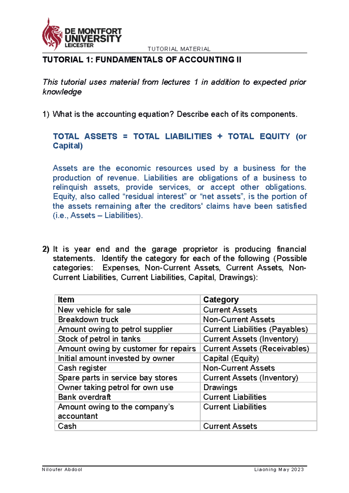 Tutorial 1 (Answers) - 1234 - TUTORIAL 1: FUNDAMENTALS OF ACCOUNTING II ...