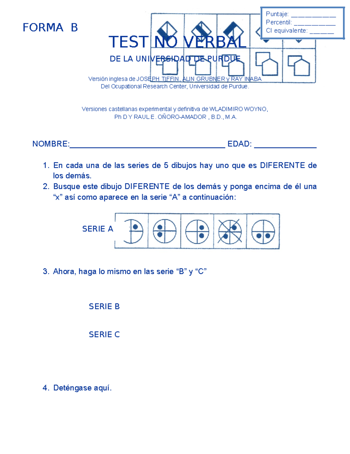 Hoja De Respuesta Forma B - TEST NO VERBAL DE LA UNIVERSIDAD DE PURDUE ...