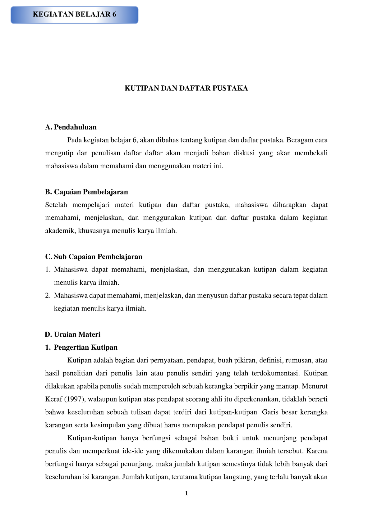 Materi 6 Kutipan Dan Daftar Pustaka - KUTIPAN DAN DAFTAR PUSTAKA A ...