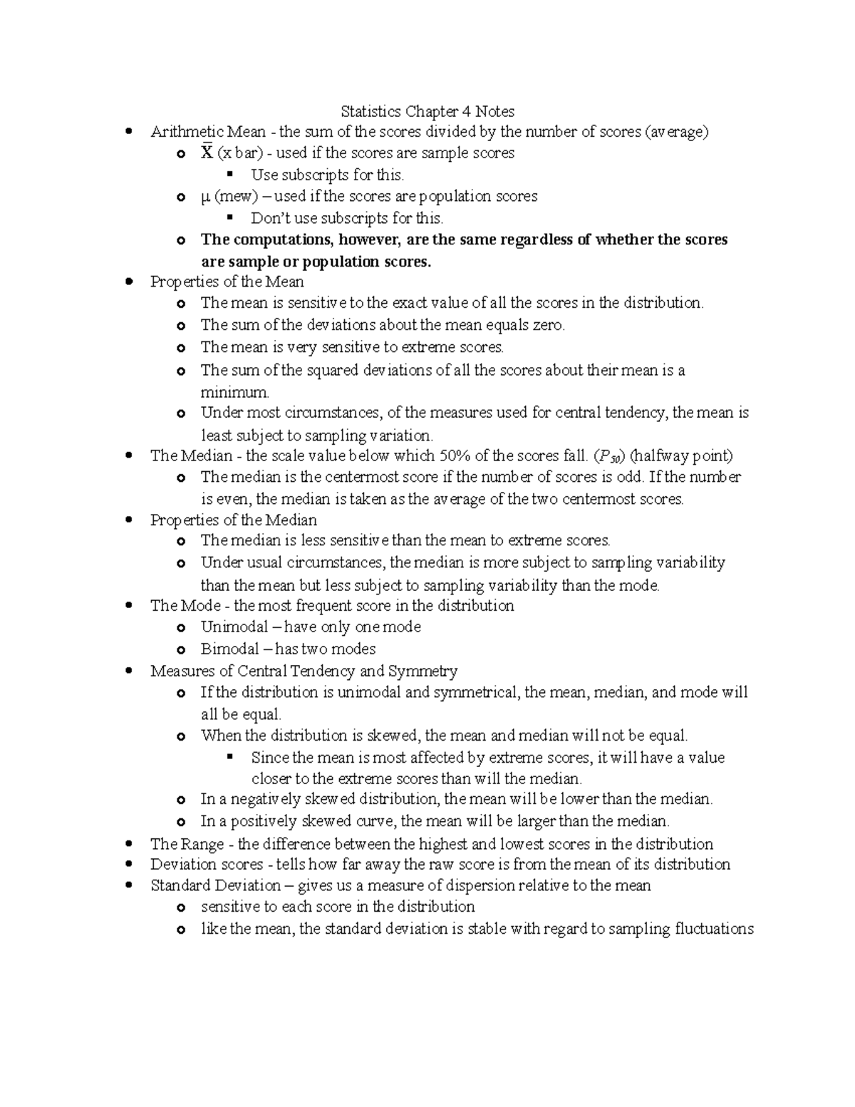 Statistics Chapter 4 Notes - Statistics Chapter 4 Notes Arithmetic Mean ...