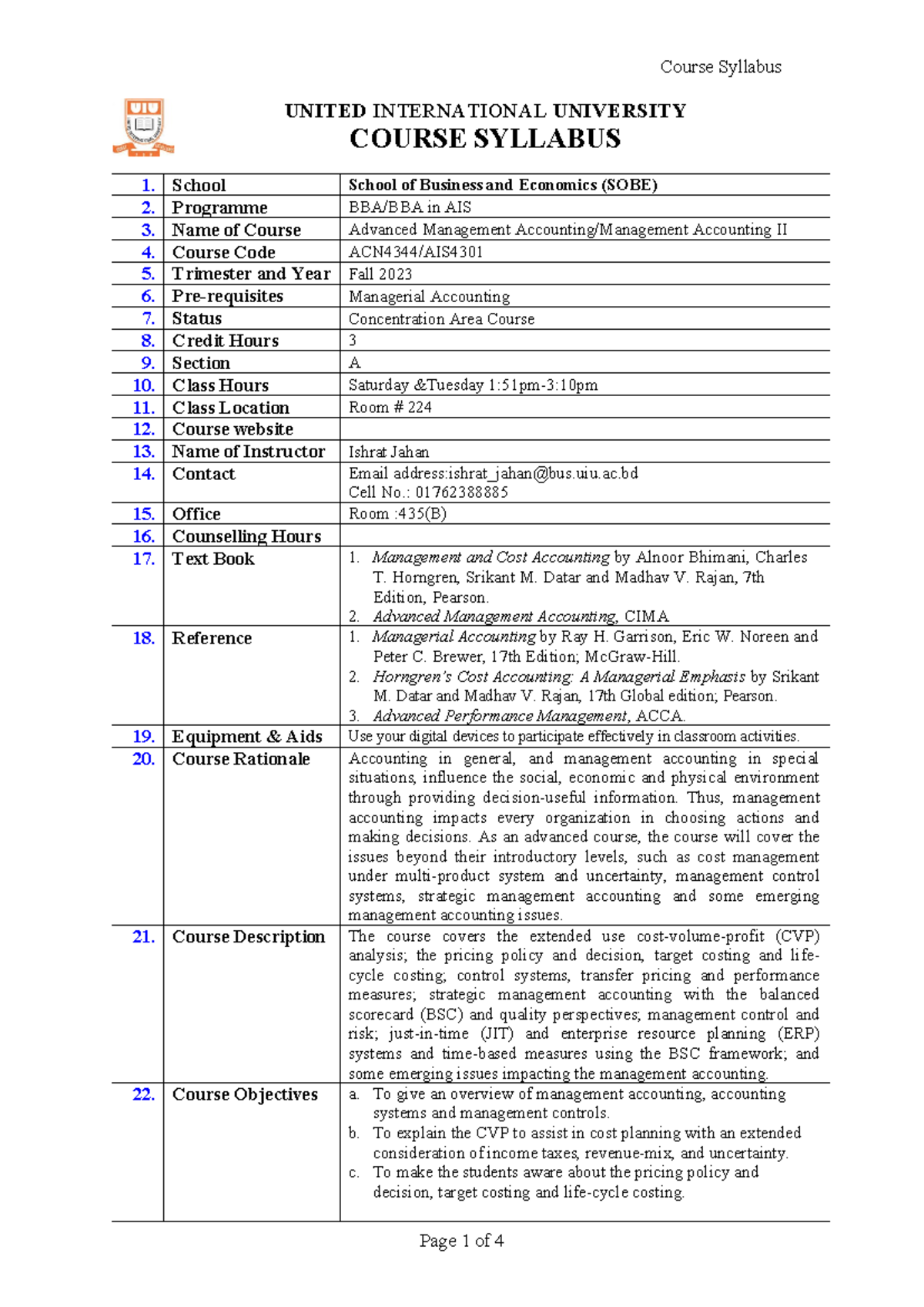 Course Syllabus IJ Summary Cost Accounting UNITED INTERNATIONAL