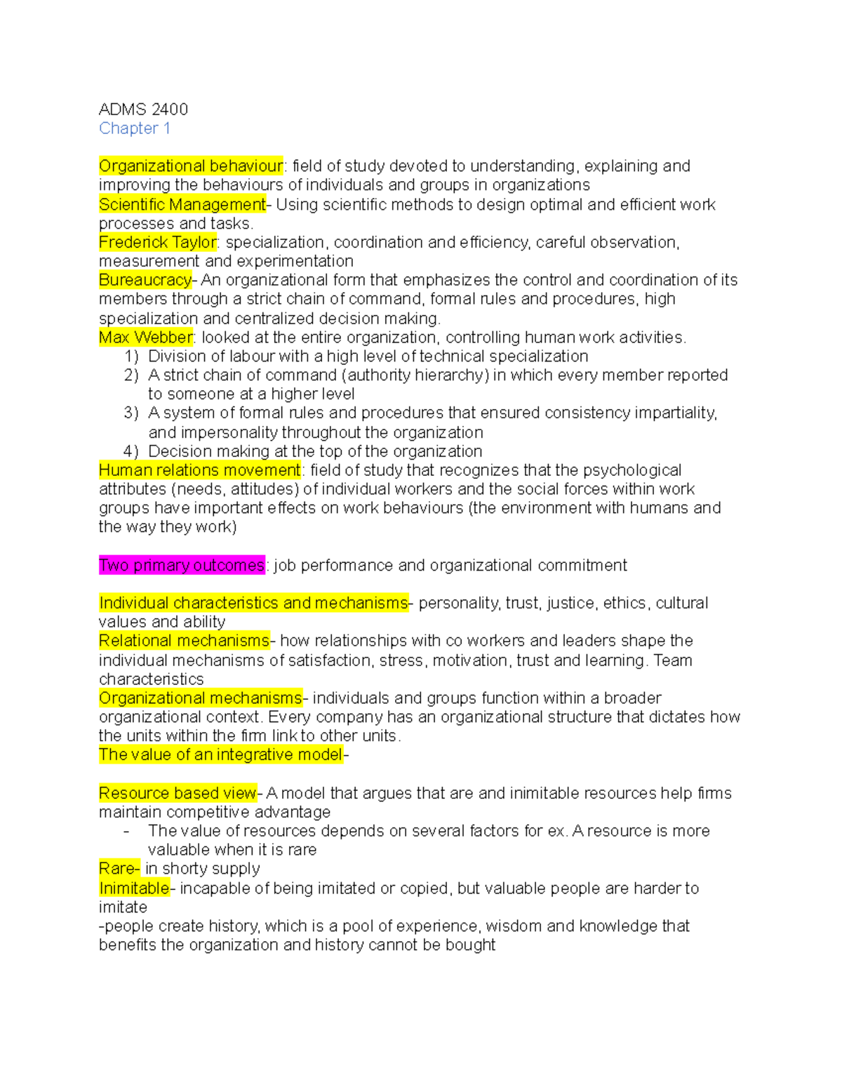 ADMS 2400 Notes - Summary Organizational Behaviour - ADMS 2400 Chapter ...