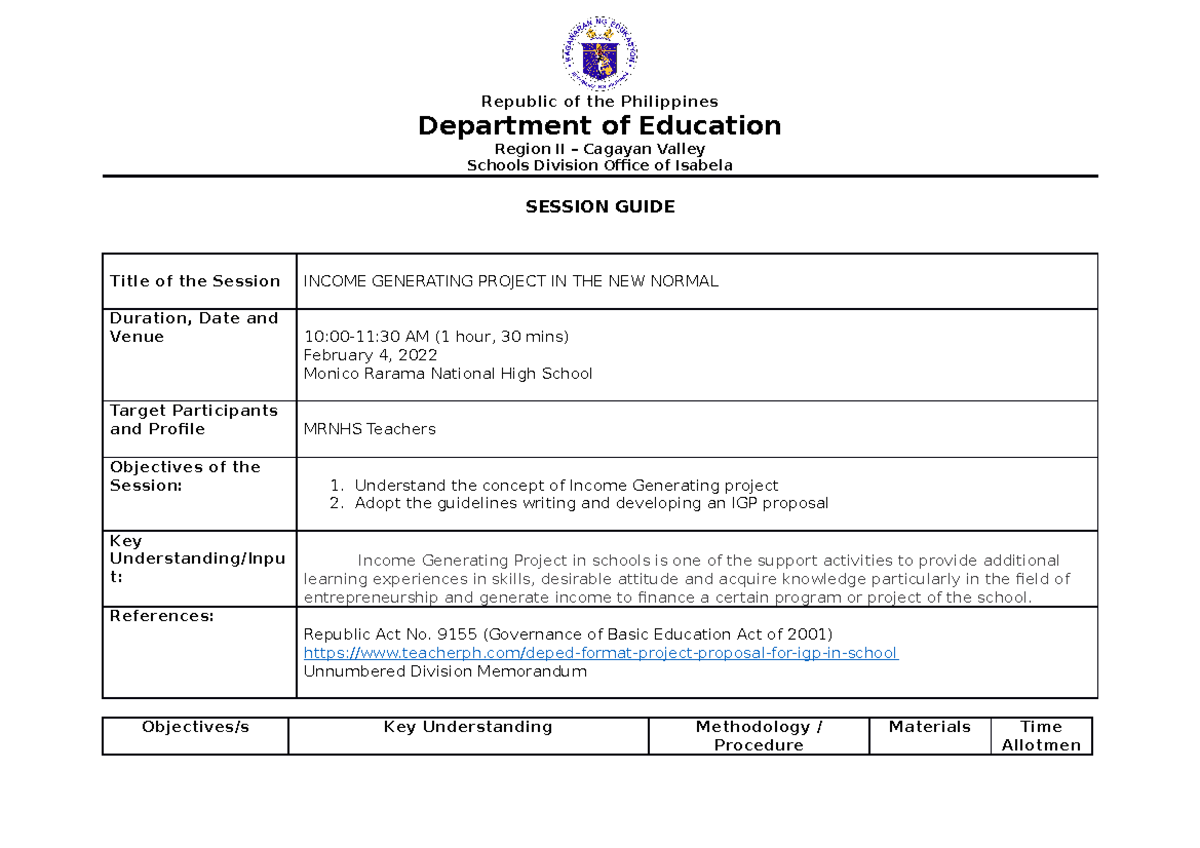 Session Guide VPBermundo - Republic of the Philippines Department of ...