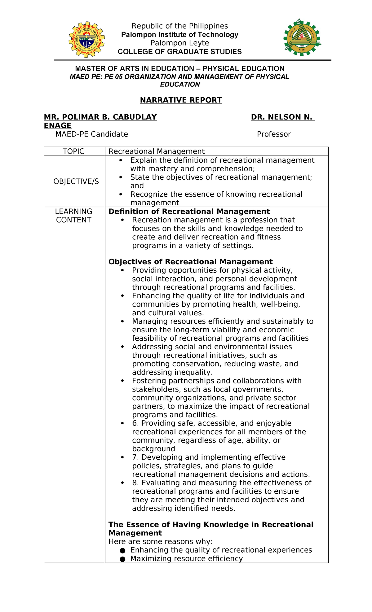 Narrative report (Organization and Management of PE - Republic of the ...