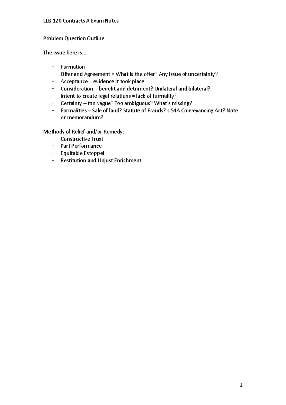 Contract Law Exam Notes - LLB 120 Contracts A Exam Notes Problem ...