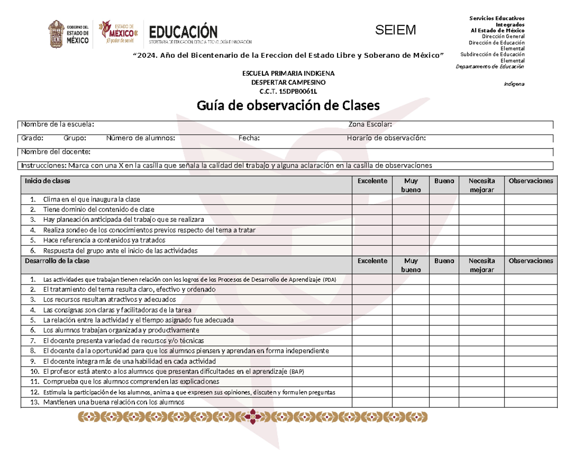 GUIA Observacion DE Clases - SEIEM Servicios Educativos Integrados Al