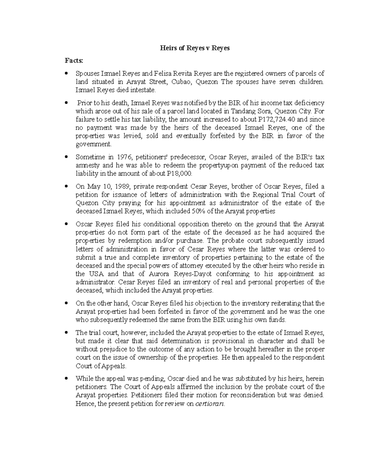3 Digest Heirs of Reyes v Reyes Heirs of Reyes v Reyes Facts Spouses