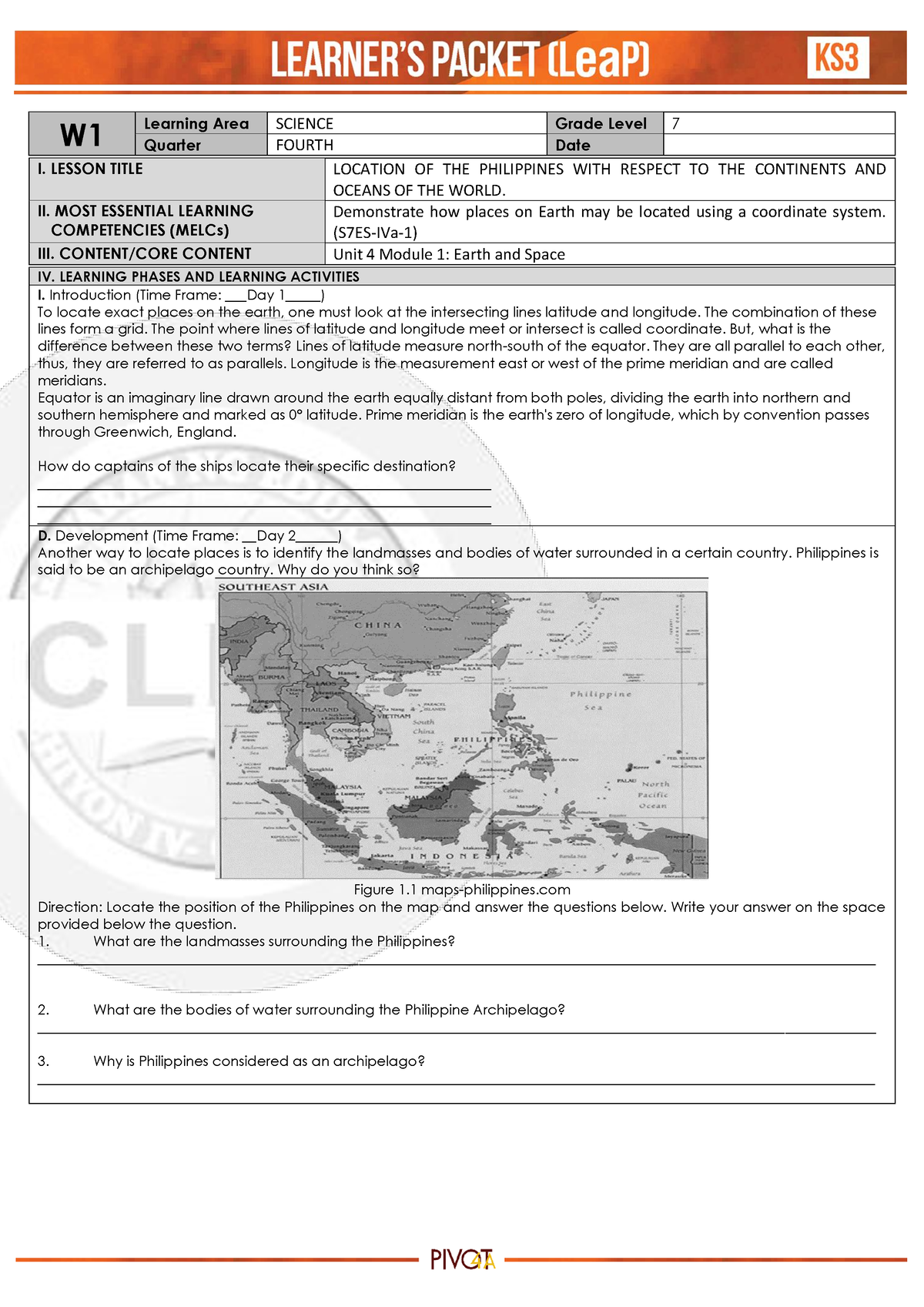 Q4 Science 7 Week1 - W Learning Area SCIENCE Grade Level 7 Quarter ...