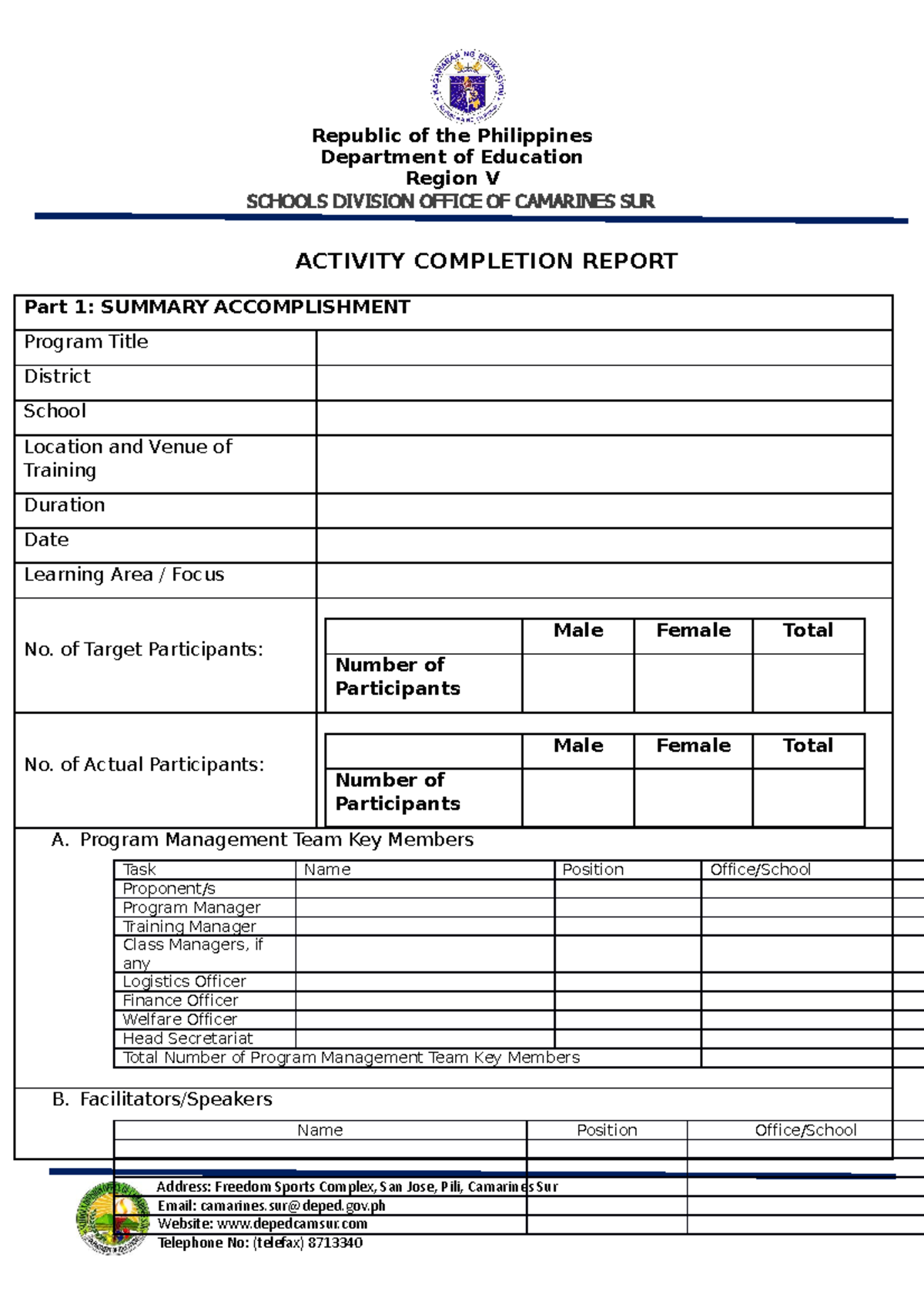 Activity Completion Report Template Drtels - Republic of the ...