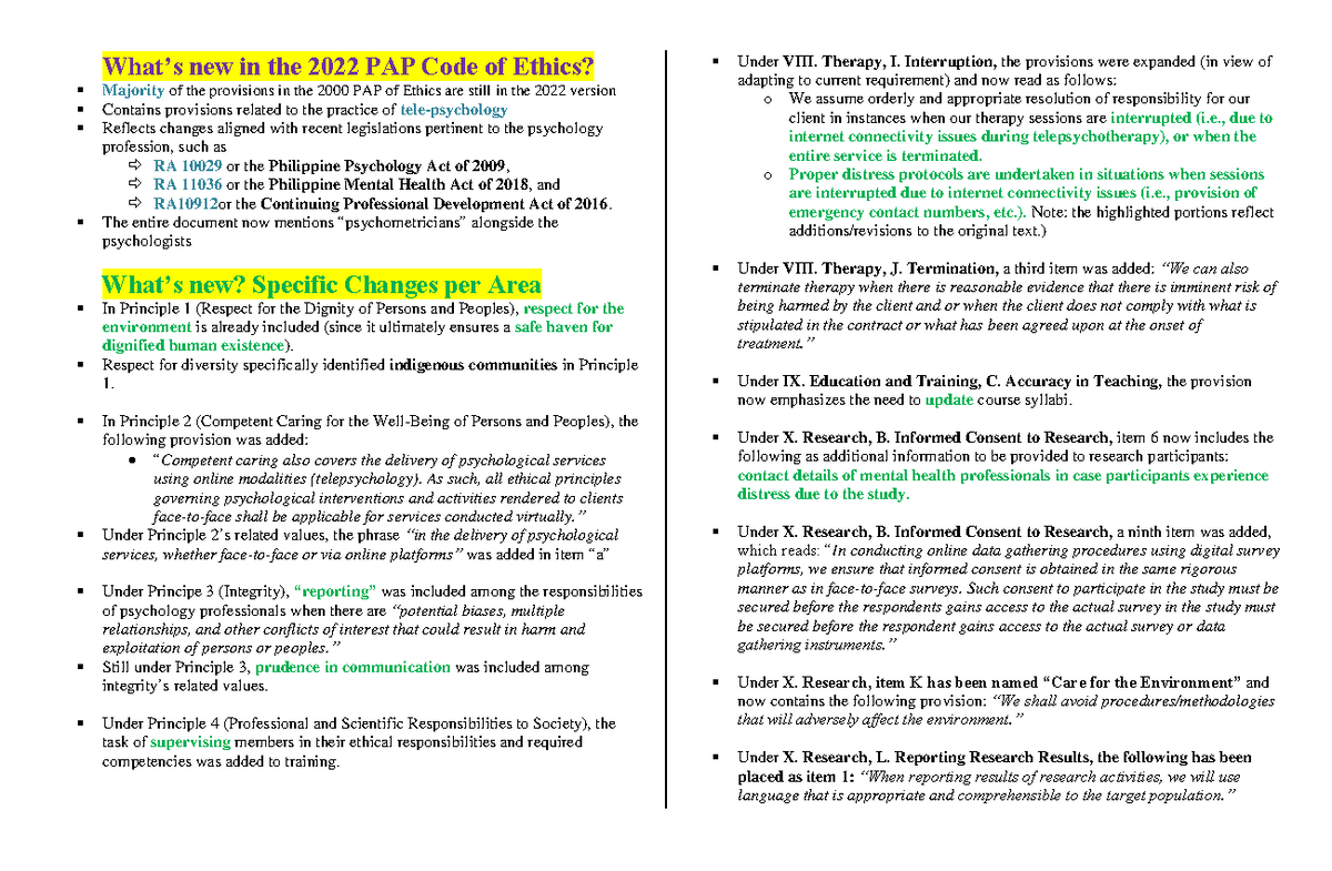 PAP Code of Ethics Specific Changes What’s new in the 2022 PAP Code