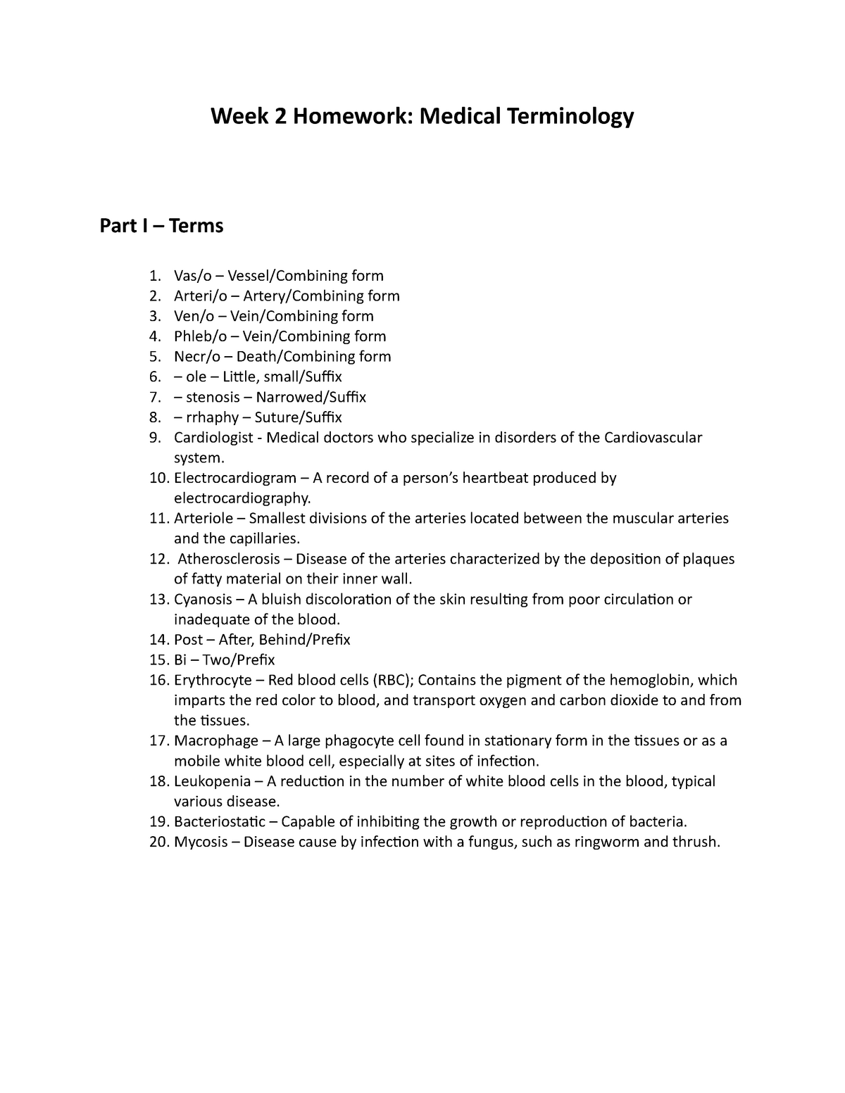 assignment 1. chapter homework medical terminology