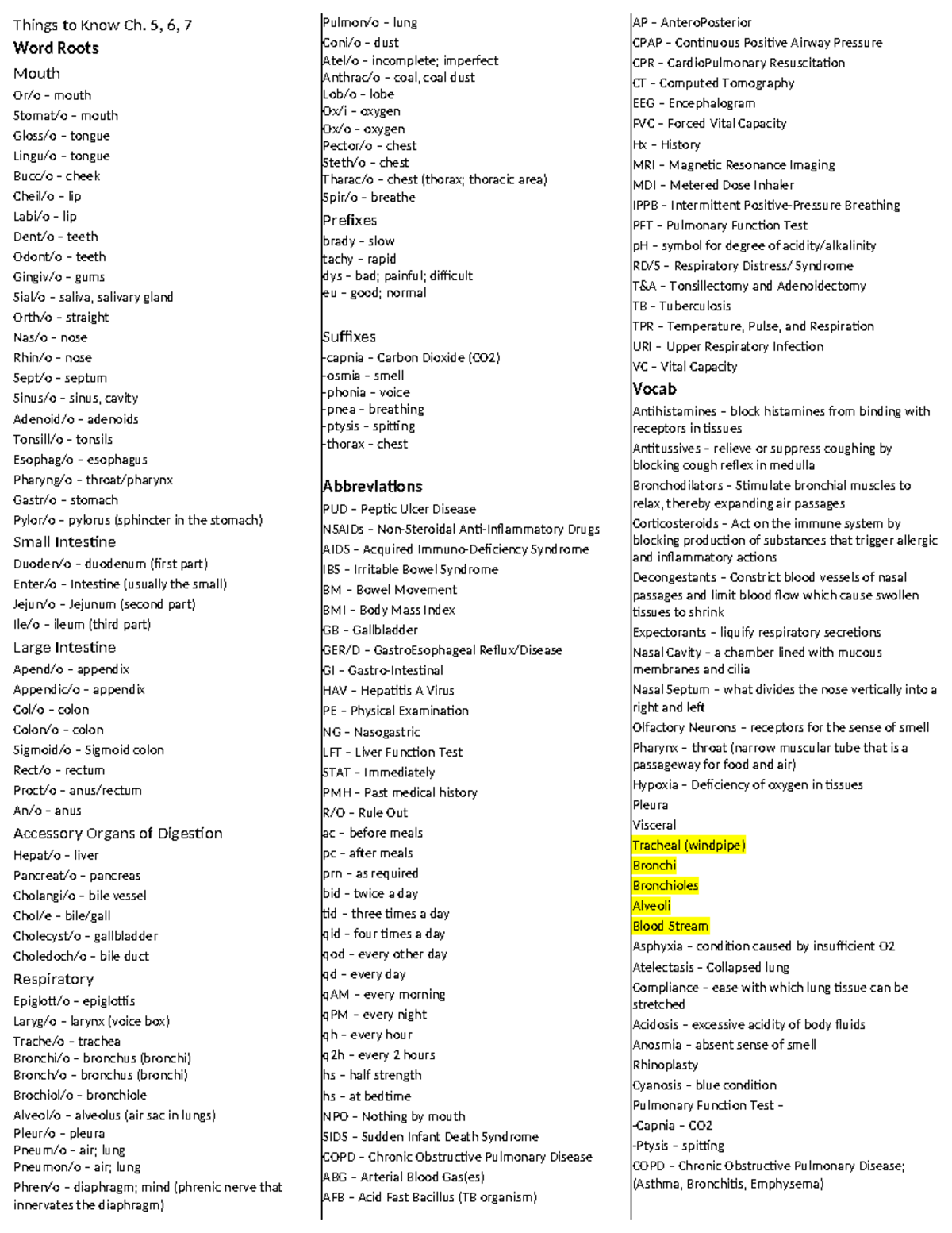 Med Term Study Sheet 2 - Medical Terminology - Things To Know Ch. 5, 6 