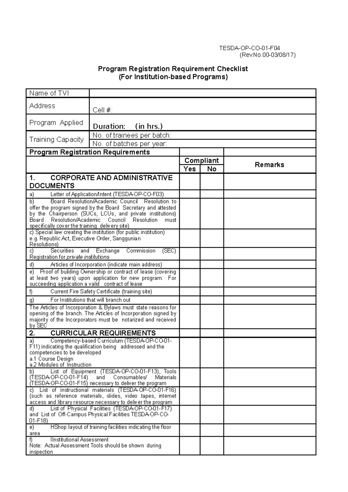 Program Registration Requirement Checklist TESDAOPCO01F (Rev.No
