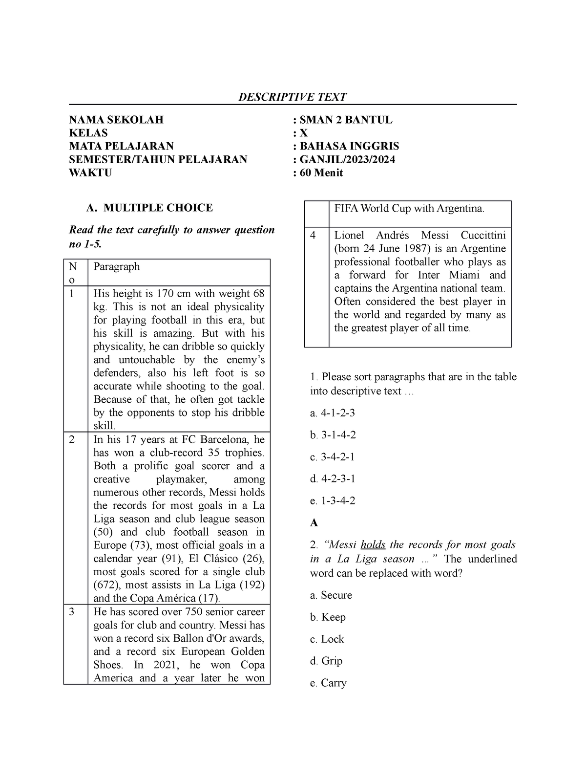 contoh soal descriptive text essay kelas 8