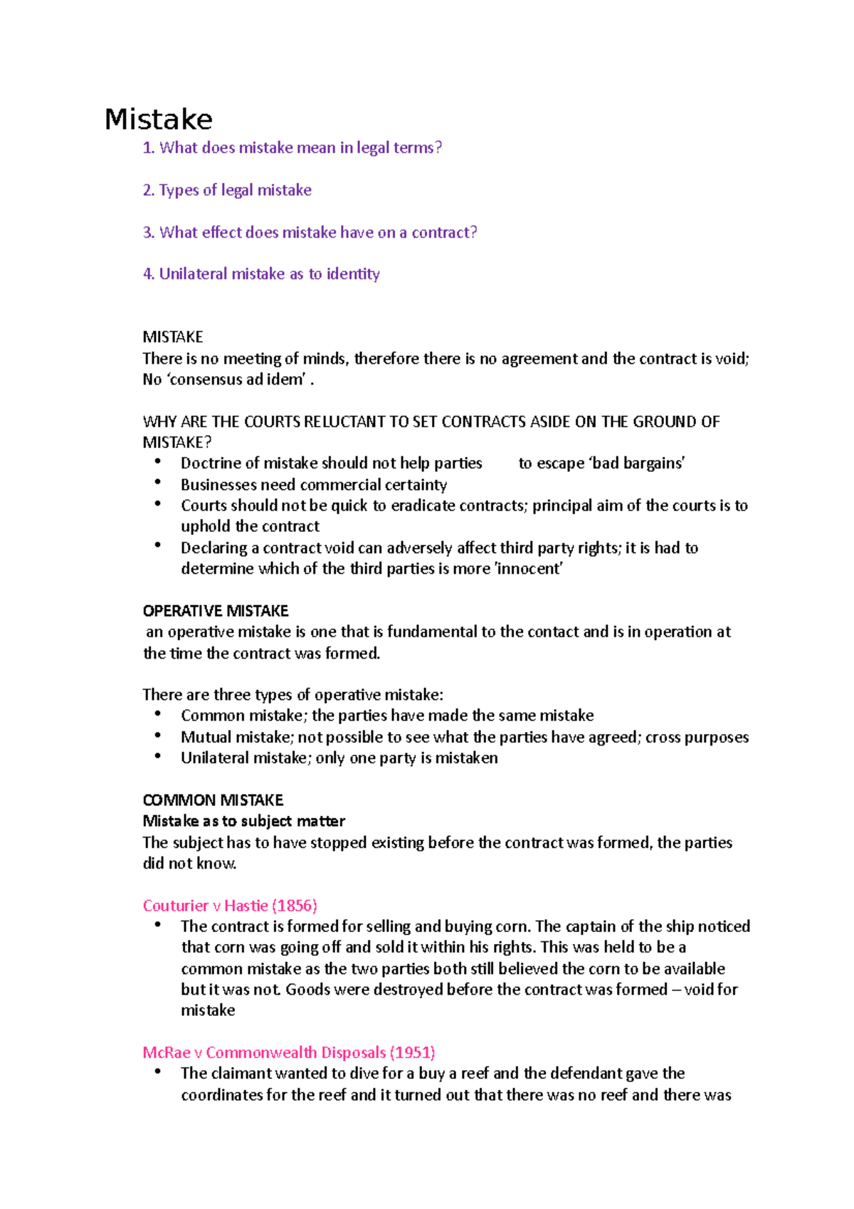 Mistake Lecture 13 Mistake What Does Mistake Mean In Legal Terms 