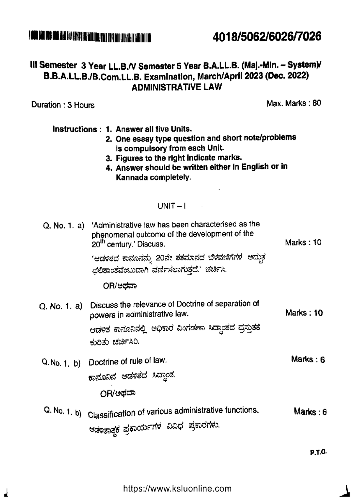 Llb 3 Sem Ballb Bballb Bcomllb 5 Sem Administrative Law 4018 Apr 2023 ...