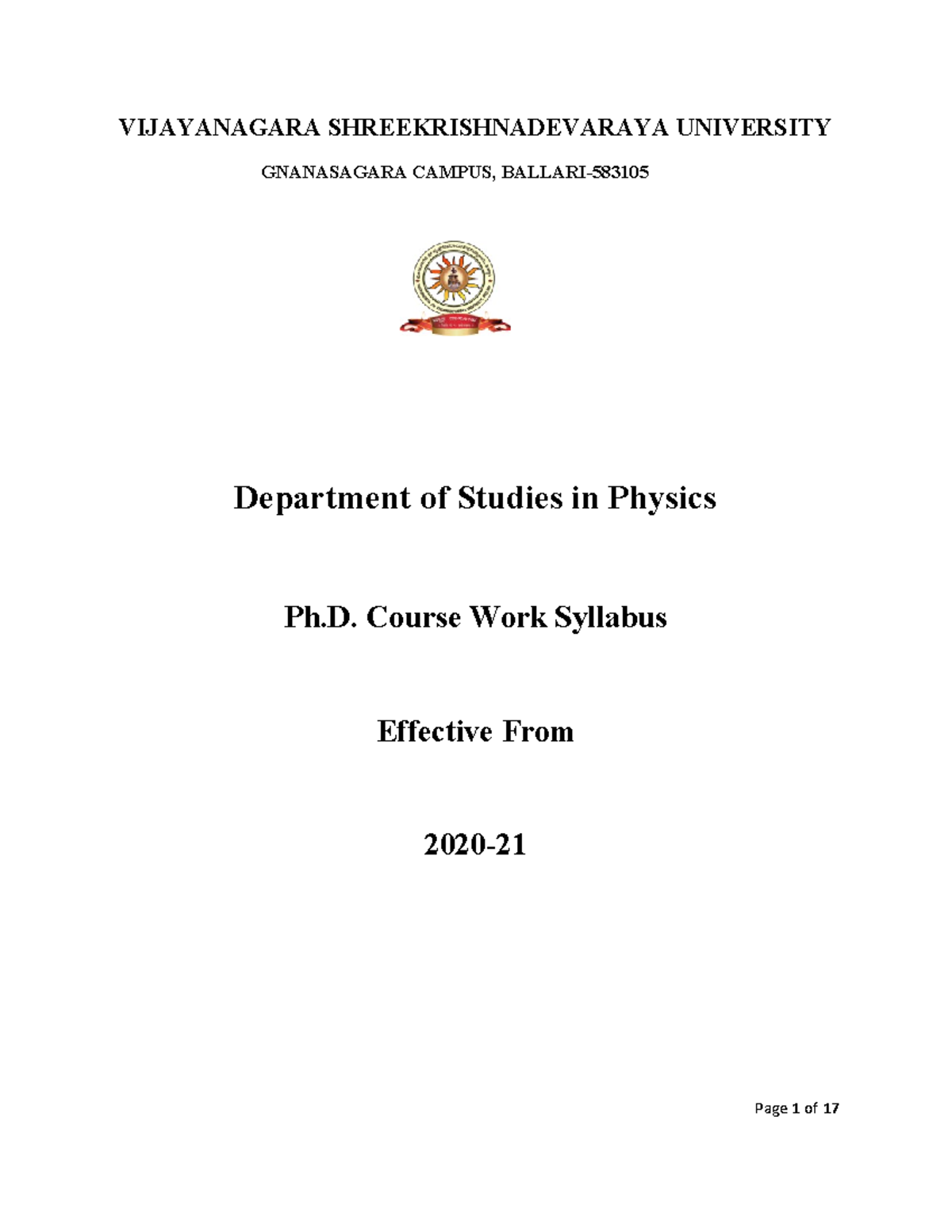 Course Work Syllabus - VIJAYANAGARA SHREEKRISHNADEVARAYA UNIVERSITY ...