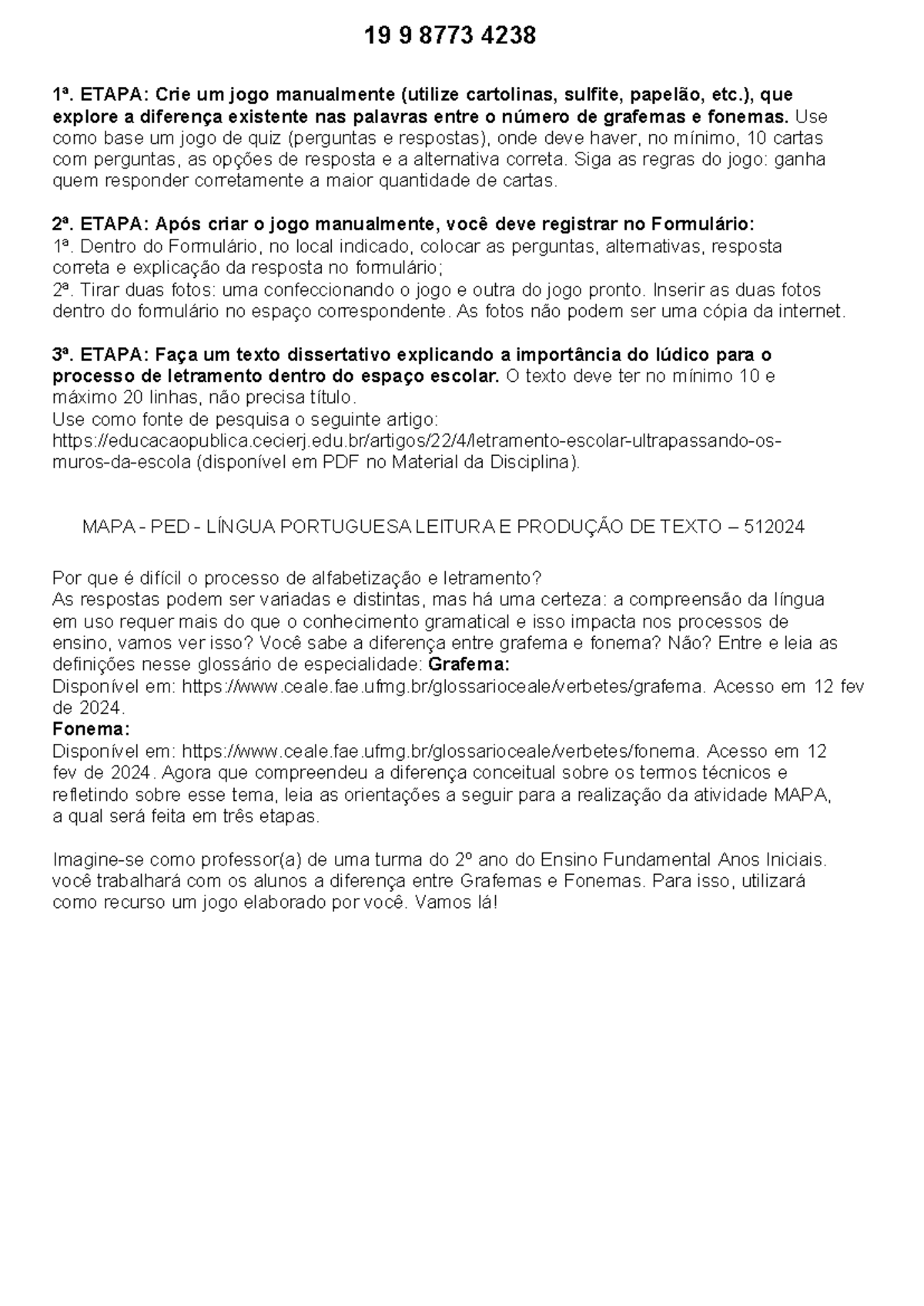 1ª. Etapa Crie um jogo manualmente (utilize cartolinas, sulfite ...