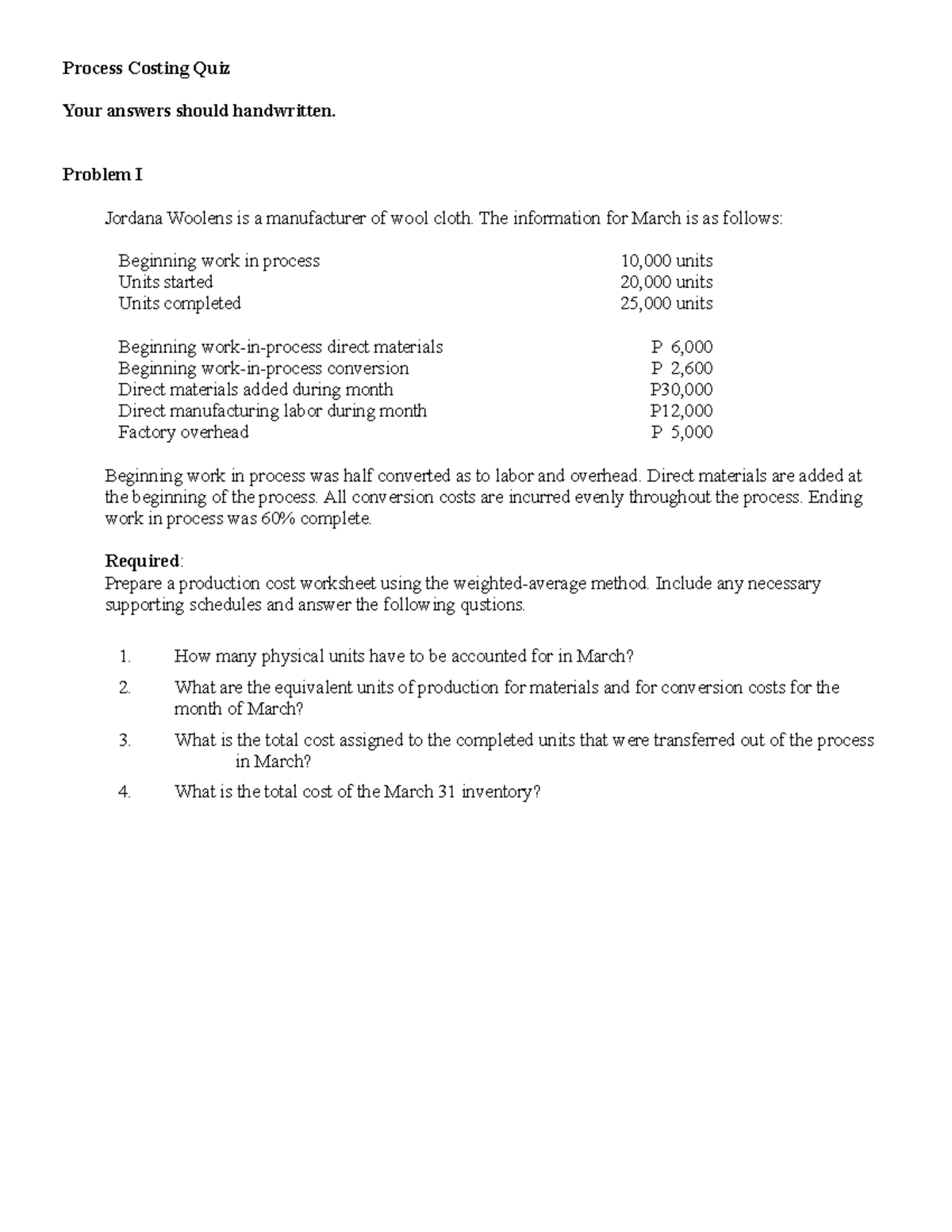 Process-Costing-Quiz-2 - Bachelor of Science in Accountancy - PUP - Studocu