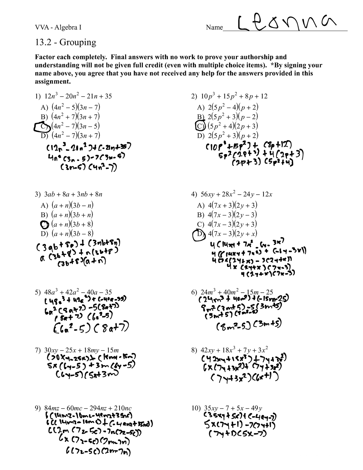 2c - Grouping HW - rrjkf - Worksheet by Kuta Software LLC VVA - Algebra ...