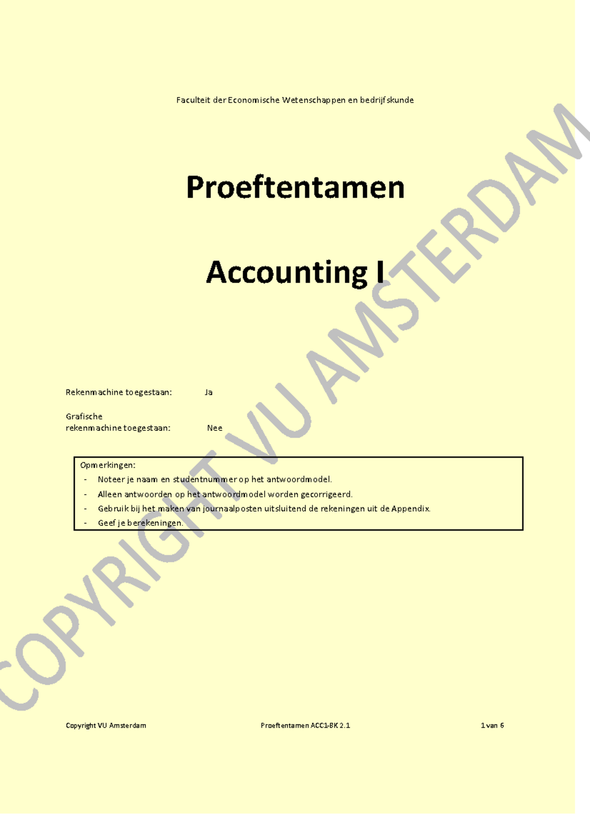 Proeftentamen ACC-I-BK2.1 Voor Accounting 2 Bedrijfskunde ...