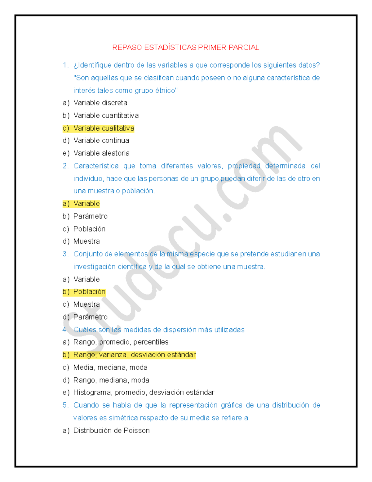 Repaso Estadísticas Primer Parcial Contestado - REPASO ESTADÍSTICAS ...