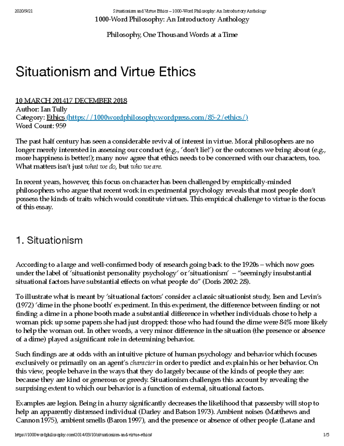 Situationism and Virtue Ethics – 1000-Word Philosophy An Introductory ...