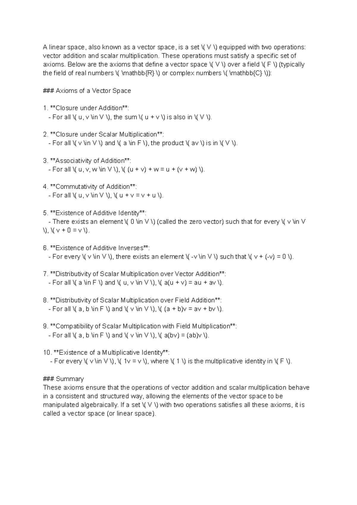 Linear spaces - A linear space, also known as a vector space, is a set ...