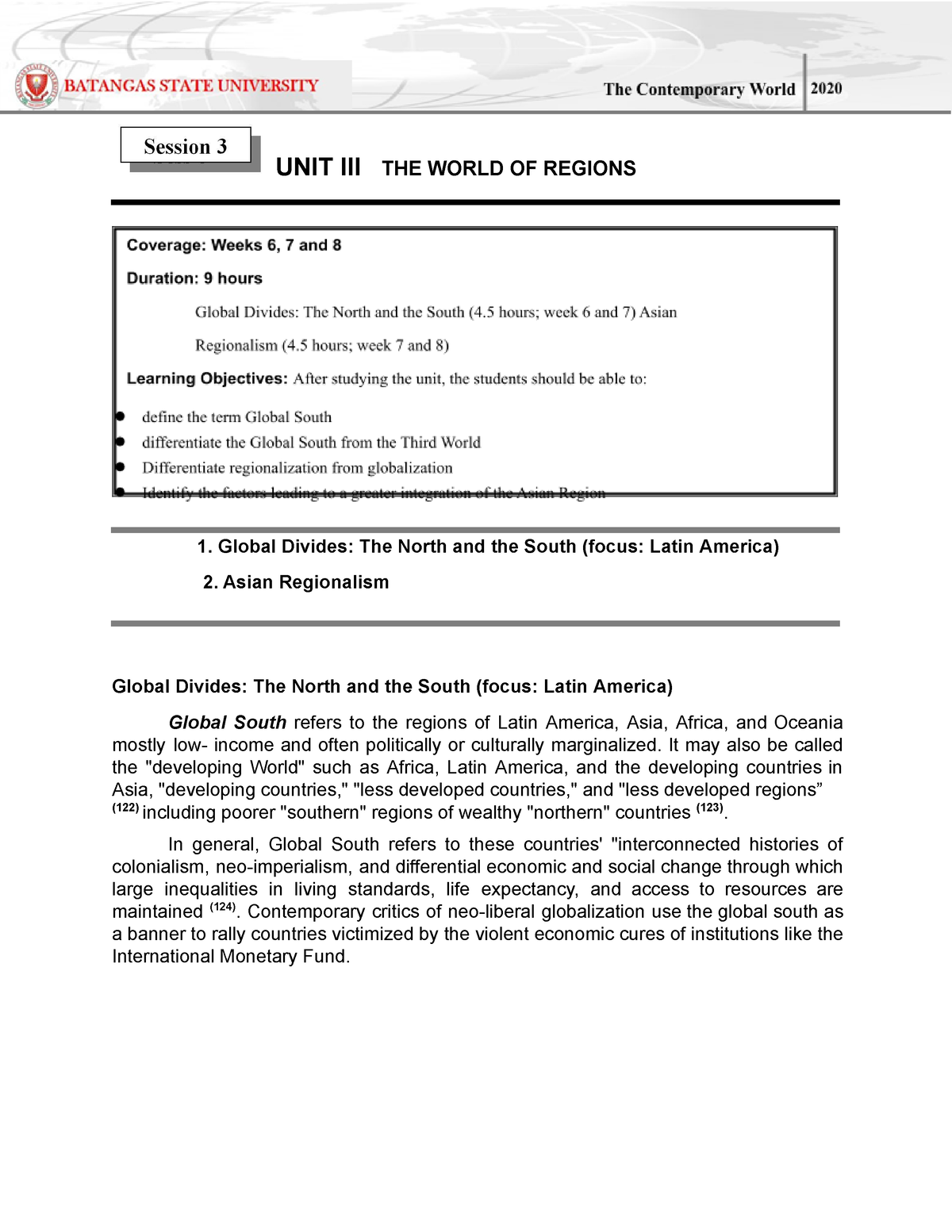 Unit III - Unit 3. Contemporary World - UNIT III THE WORLD OF REGIONS ...