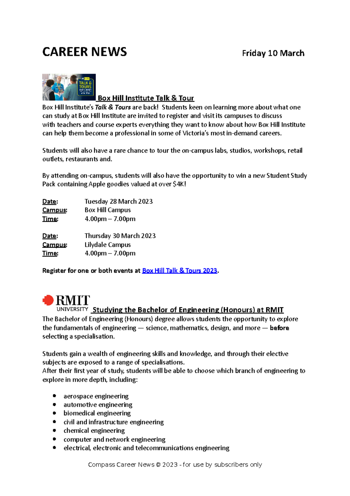 Compass Career News 10 March 2023 CAREER NEWS Friday 10 March Box Hill Institute Talk & Tour