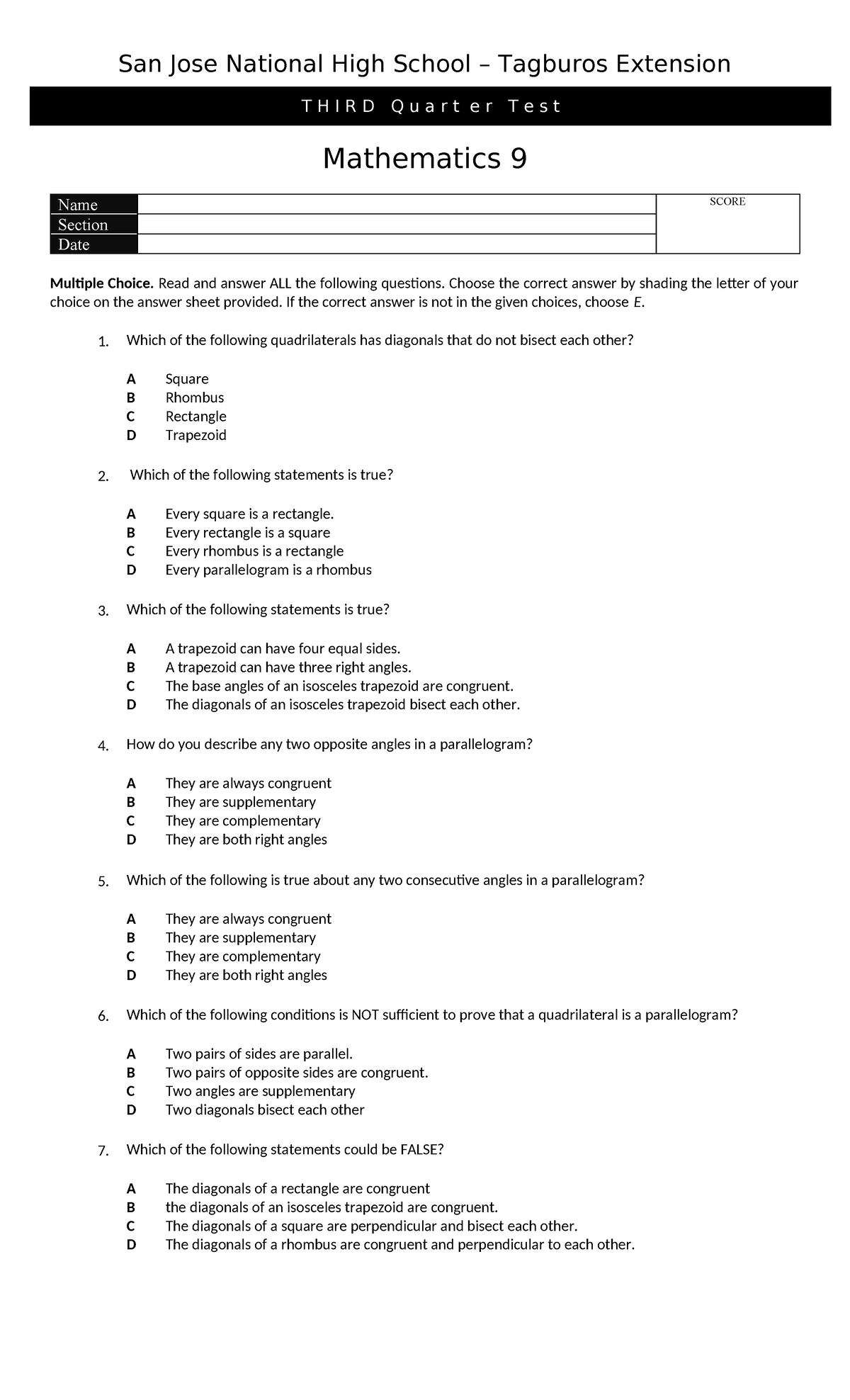 385963884 Grade 9 Math Third Quarter Examination - San Jose National ...