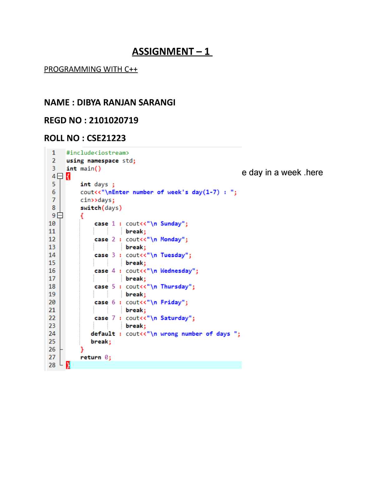 C++ Assignment 1 - Dclkdckls - ASSIGNMENT – 1 PROGRAMMING WITH C++ NAME ...