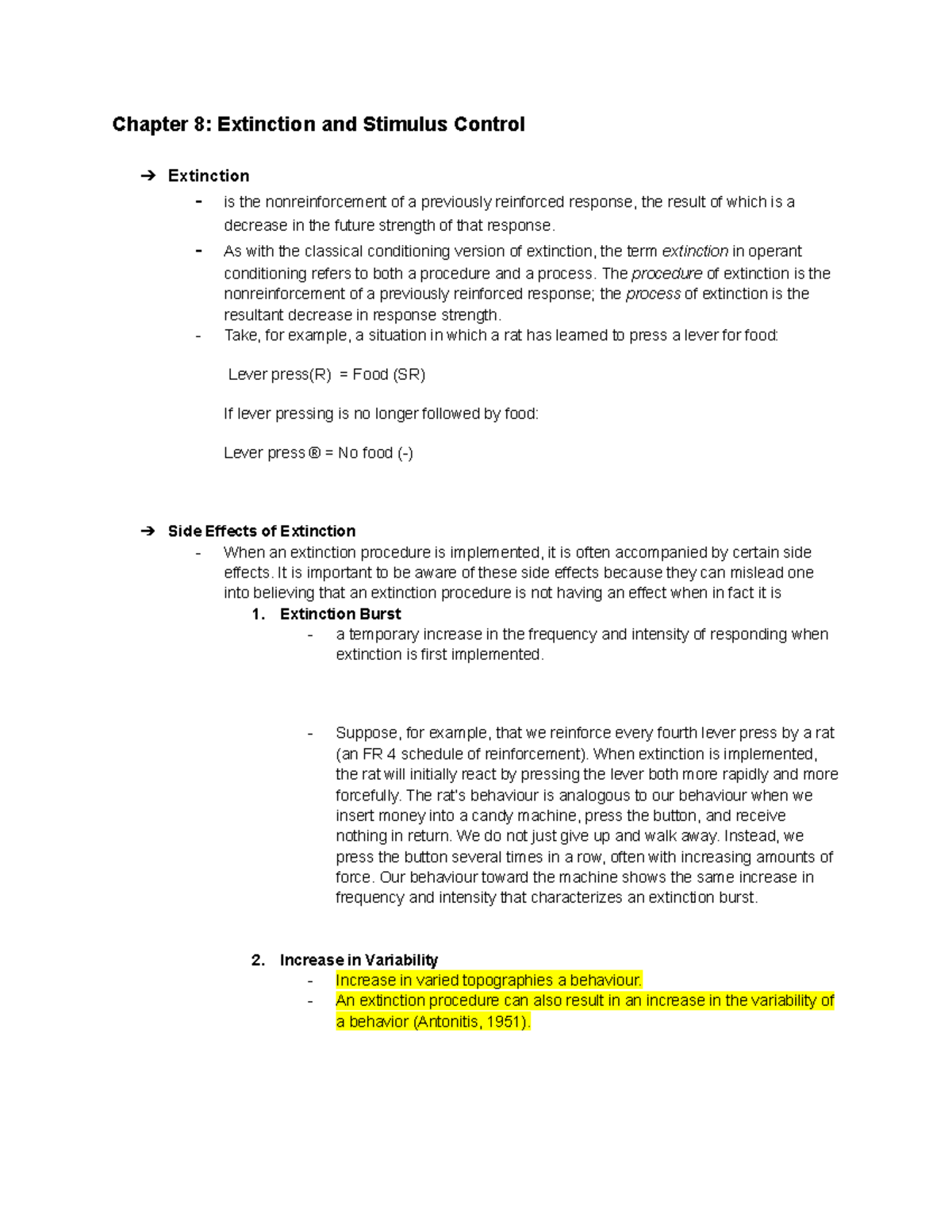 Chapter 8 textbook notes - Chapter 8: Extinction and Stimulus Control ...
