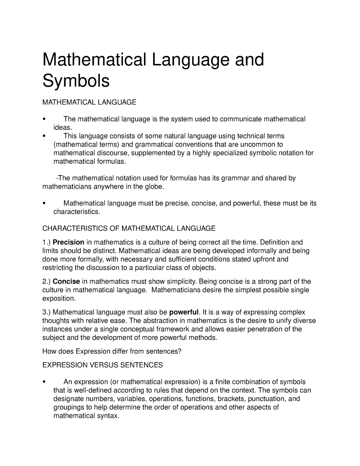 mathematical language and symbols essay