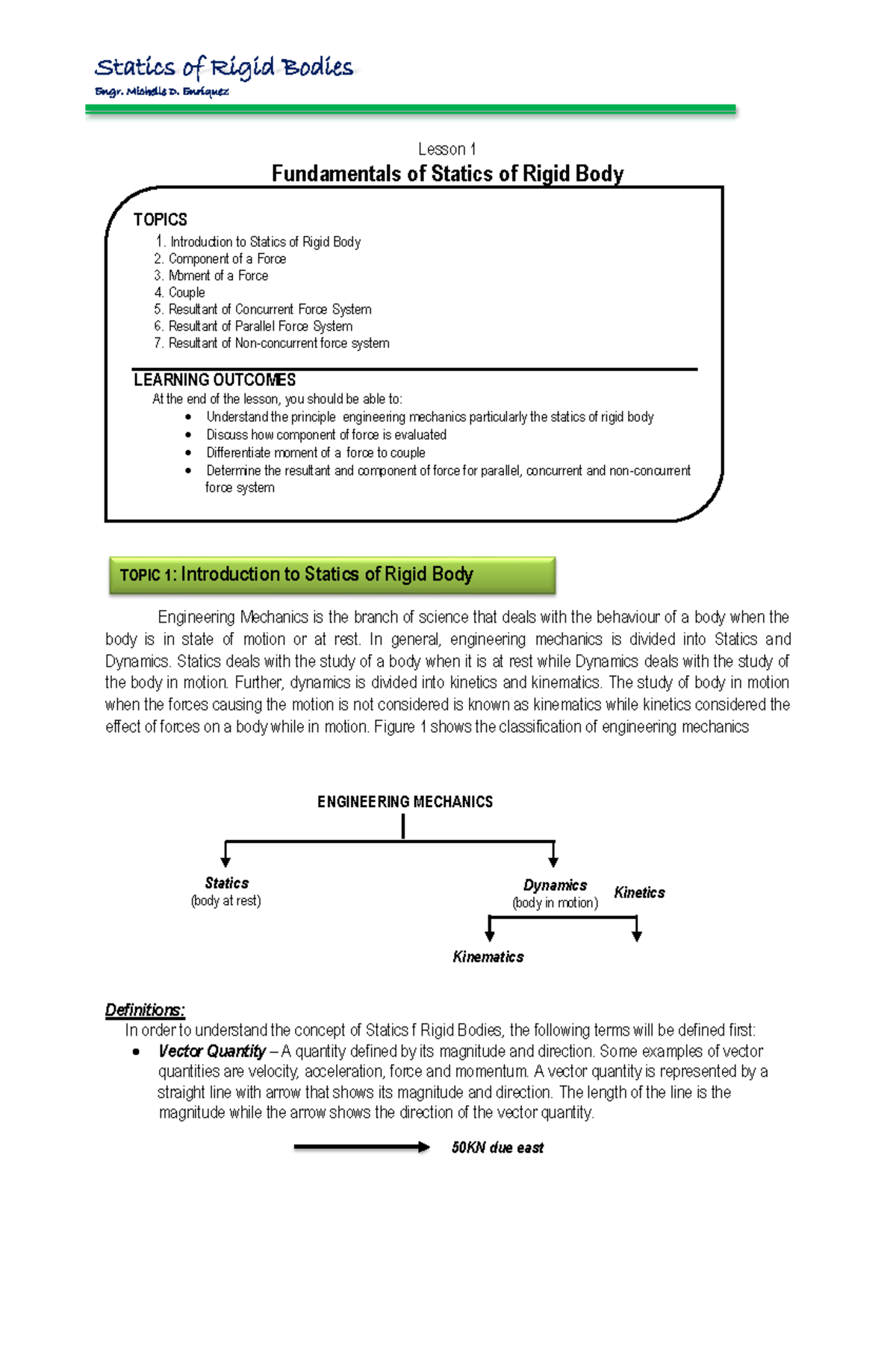 Lesson-1 - FORCES - Engr. Michelle D. Enriquez Lesson 1 Fundamentals of ...