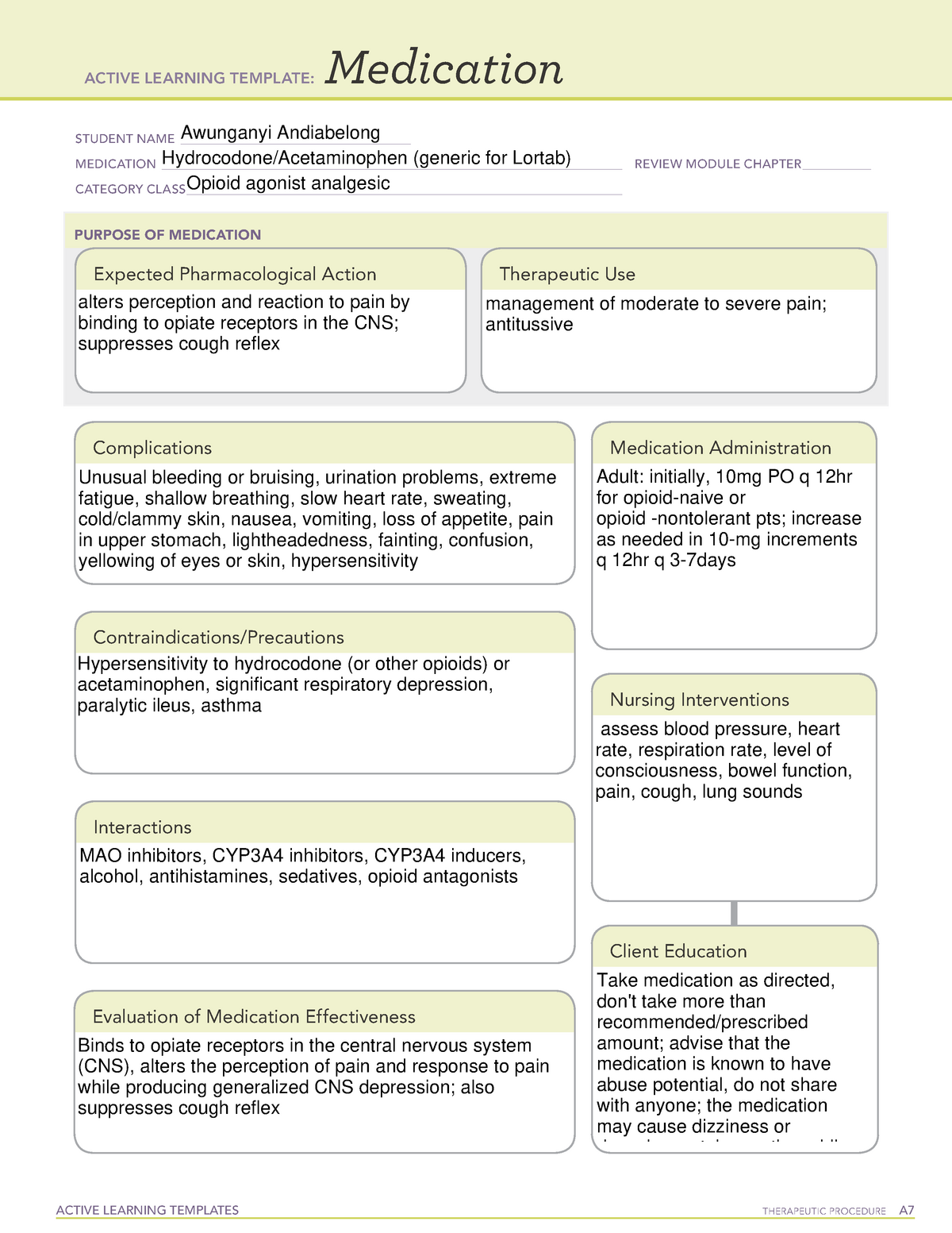 ATI Medication template Hydrocodone ACTIVE LEARNING TEMPLATES