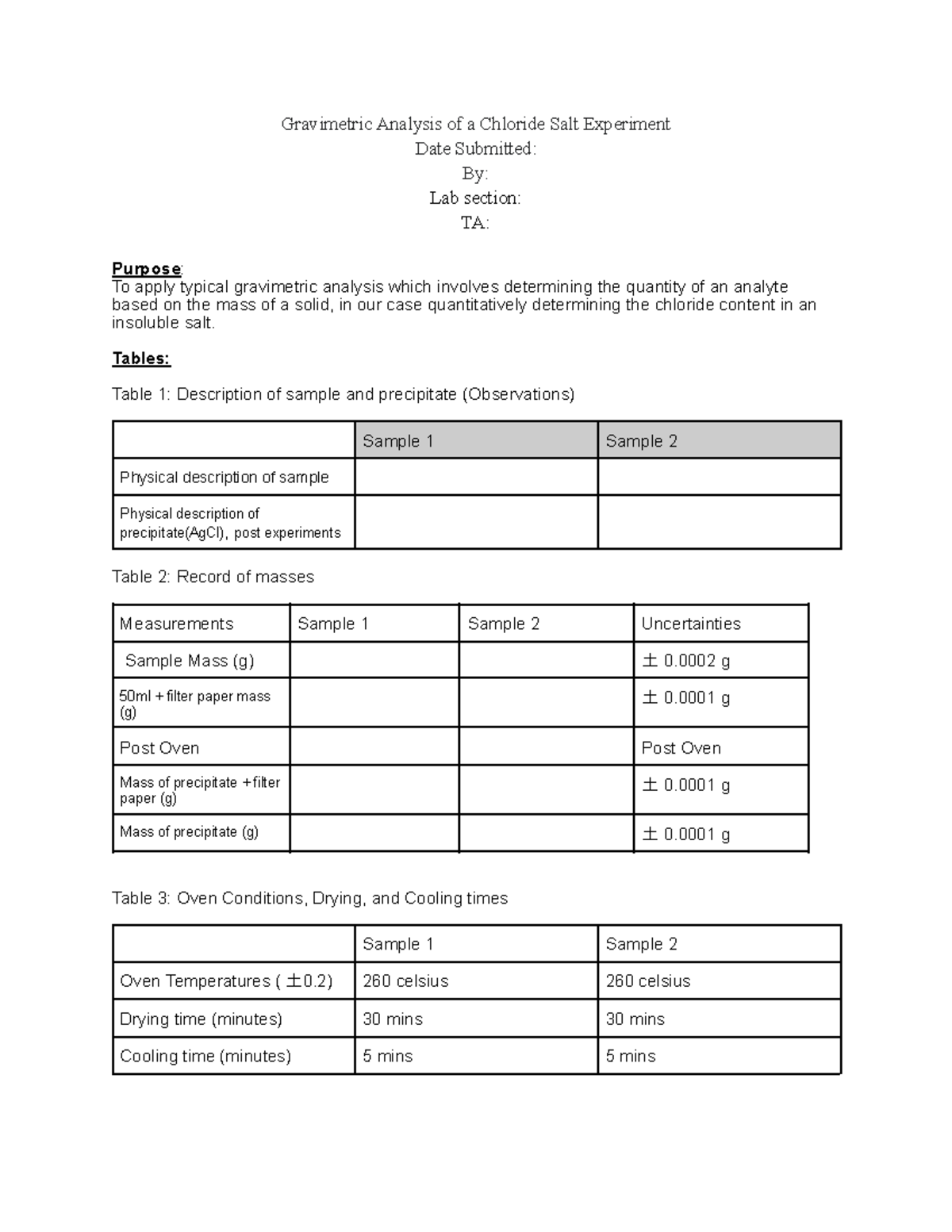 Gravimetric Analysis of a Chloride Salt Experiment Pre Lab ...