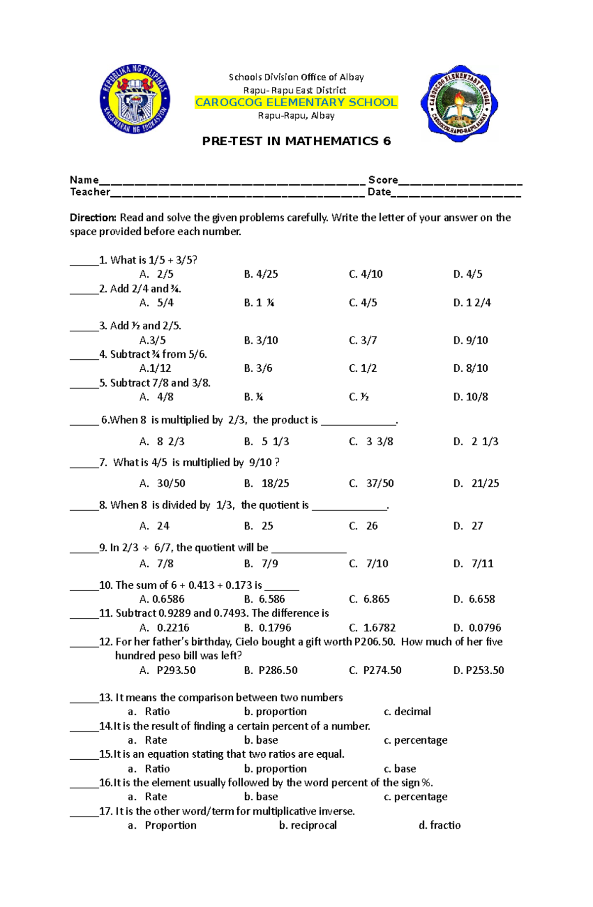 PRE-TEST Mathematics 6 - Schools Division Office of Albay Rapu- Rapu ...