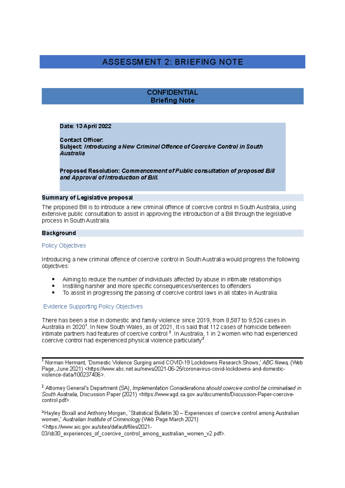 Breifing Note Group 6 - ASSESSMENT 2: BRIEFING NOTE CONFIDENTIAL ...