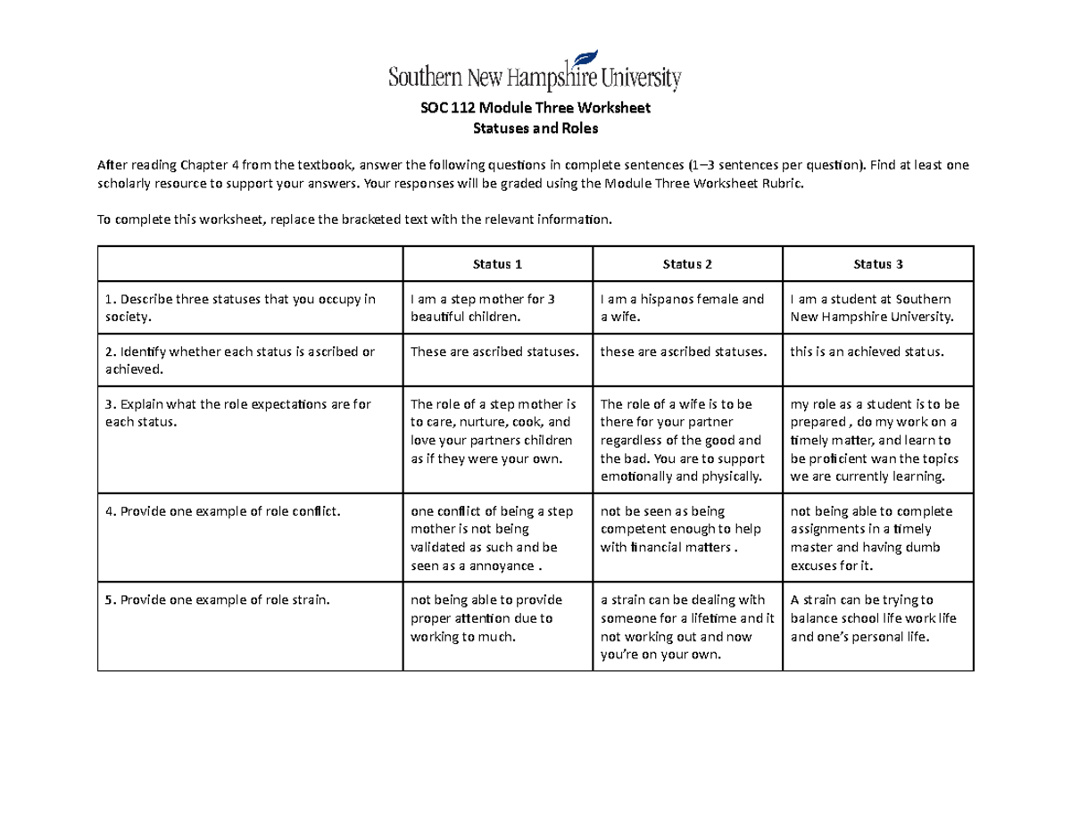 Worksheet 3 module 3 statuses and roles - SOC 112 Module Three ...