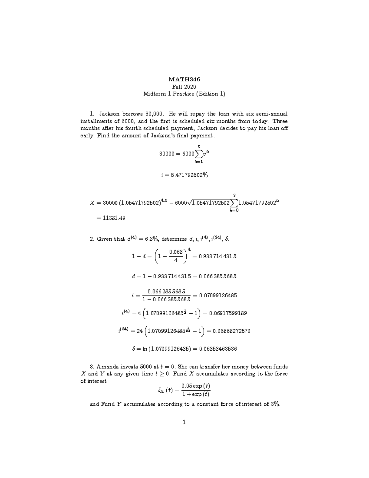 MATH 346 Fall 2020 Midterm 1 Practice Edition 1 Solution - MATH Fall ...