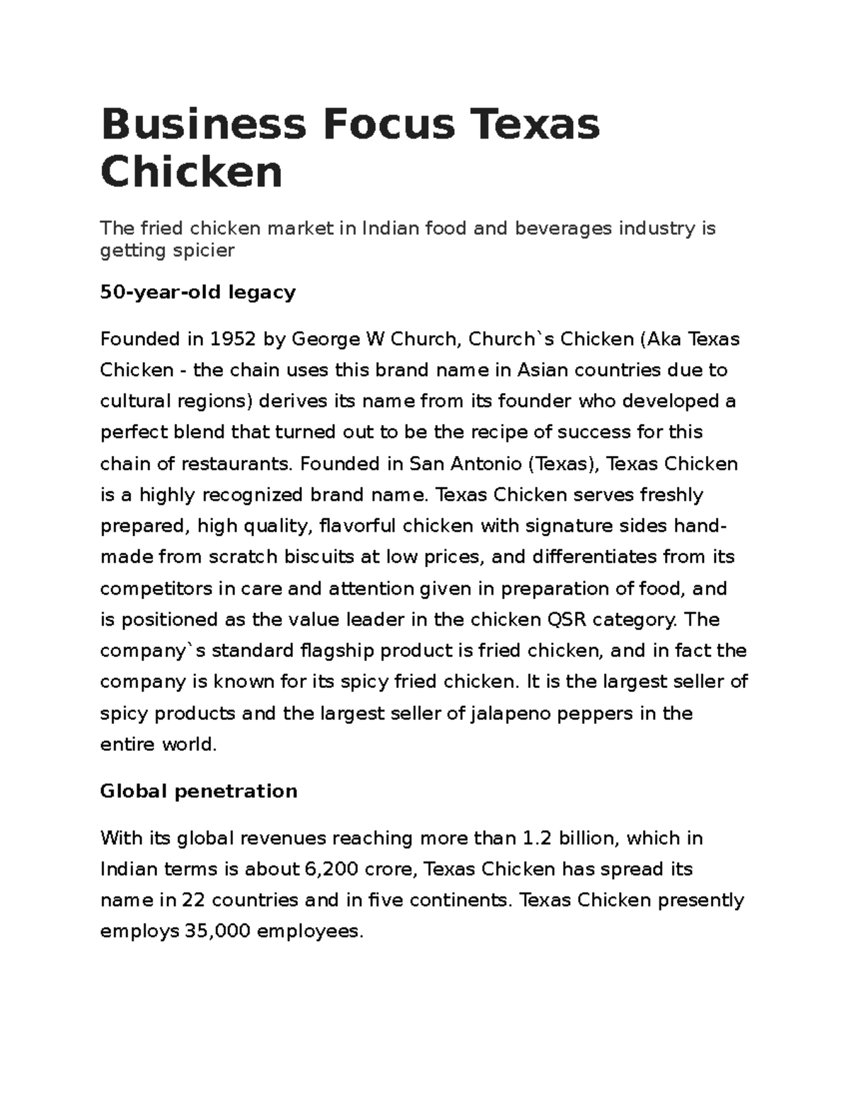 341192704 Business Focus Texas Chicken Business Focus Texas Chicken The fried chicken market