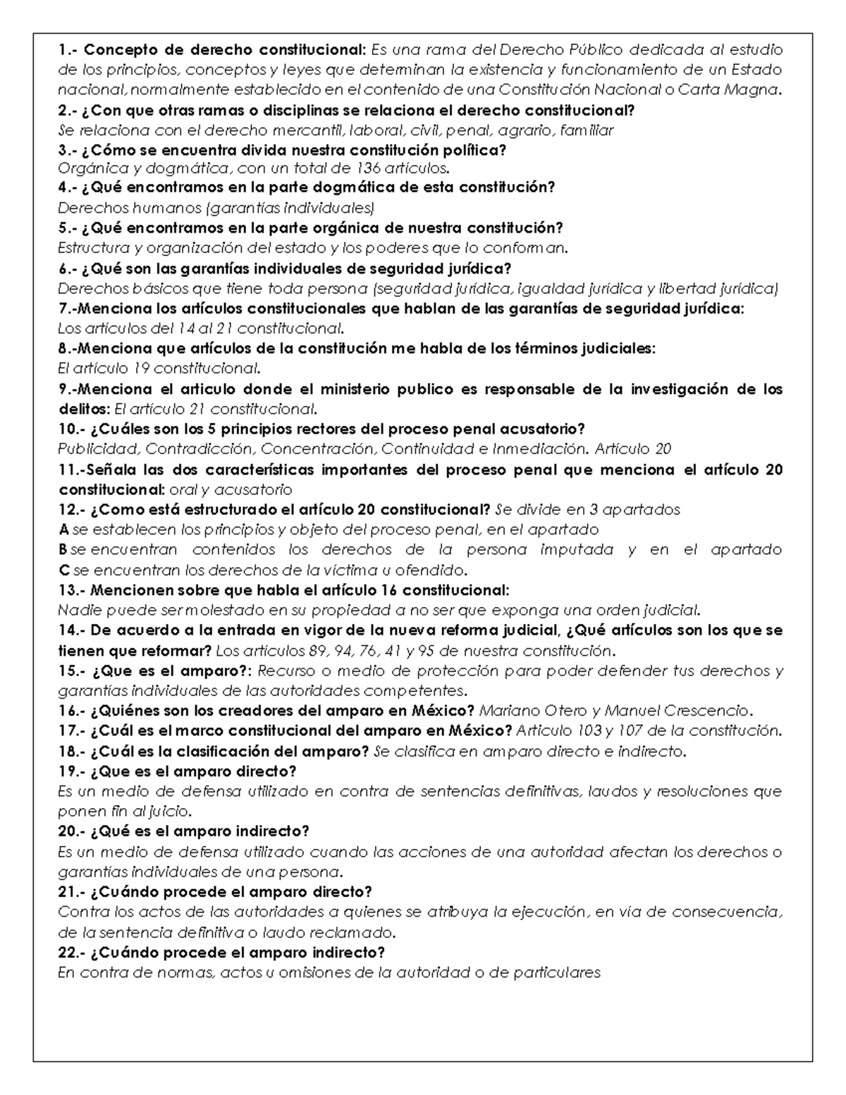 Examen Derecho Constitucional SIN Respuestas - 1.- Concepto de derecho ...