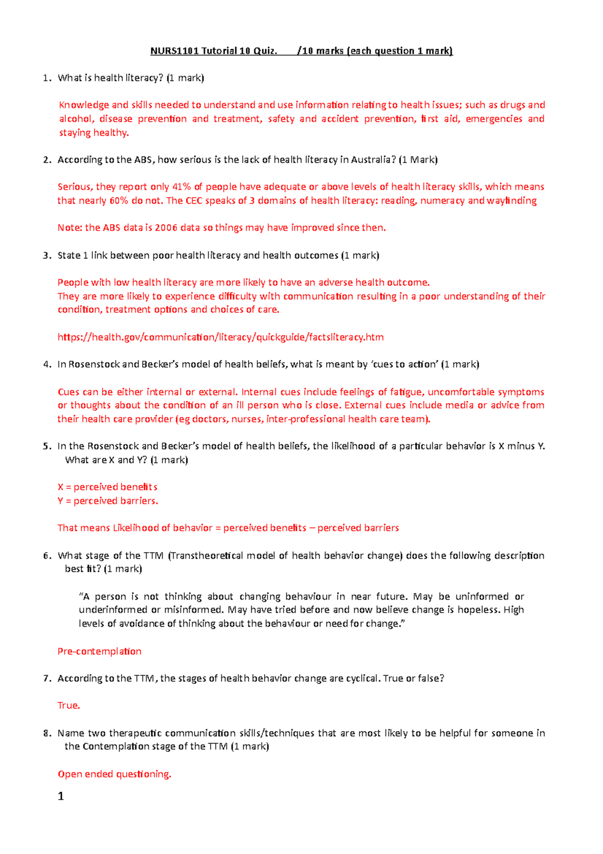Tutorial 10 QUIZ Tutor Version - NURS1101 Tutorial 10 Quiz. /10 marks ...