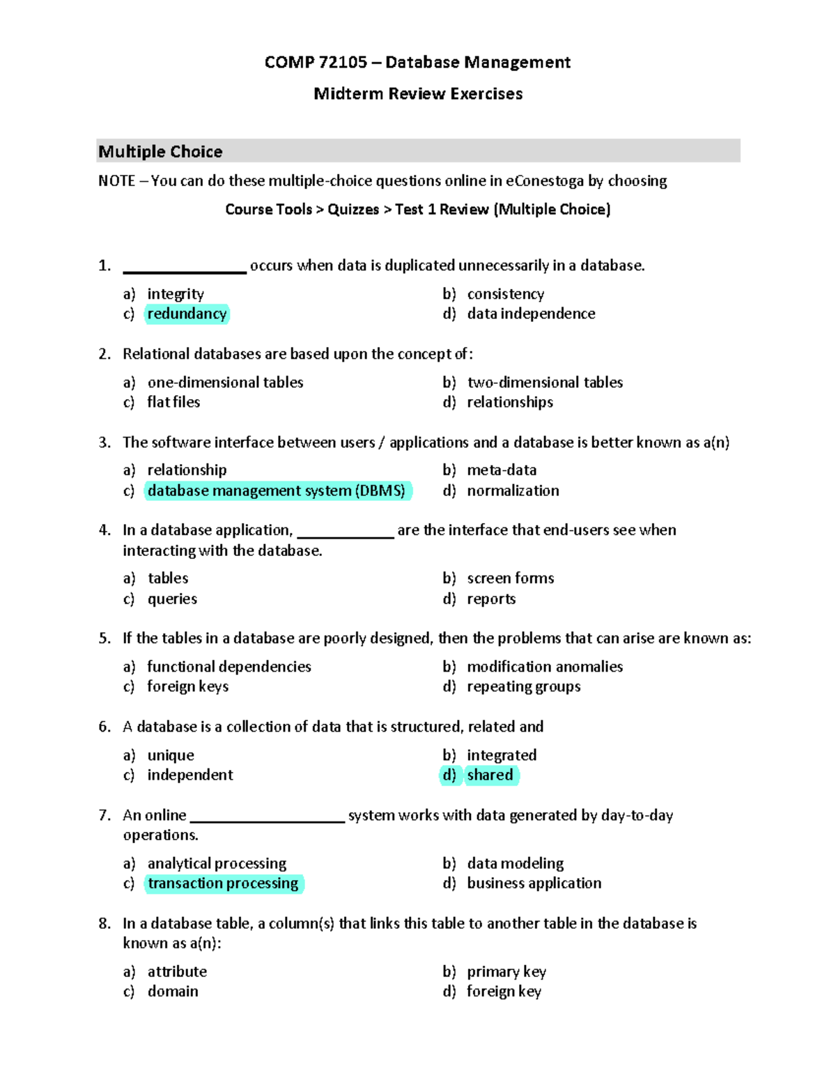 Midterm Review (Instructions) COMP 72105 Database Management