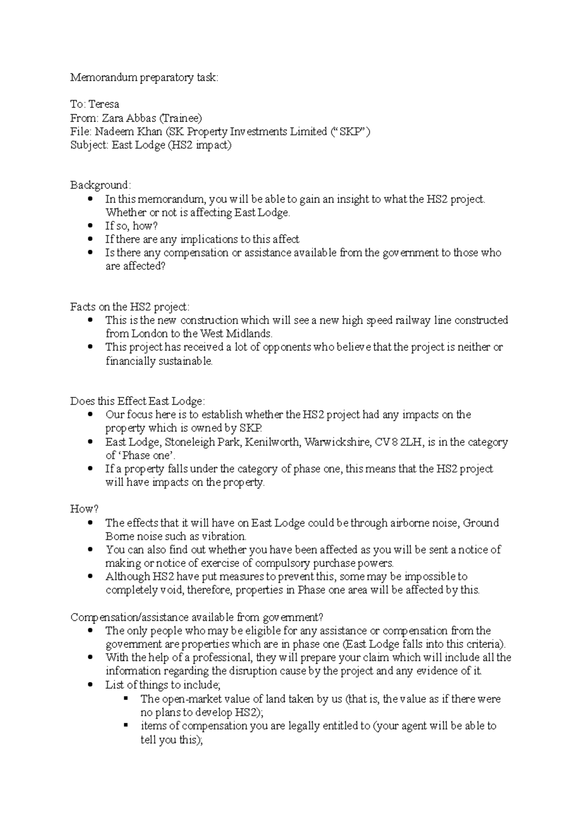 Memorandum preparatory task Real Estate w5 - Memorandum preparatory ...