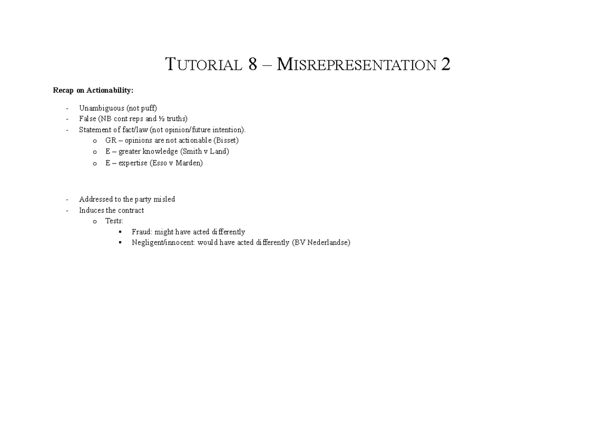 Tutorial 8 MR Table - TUTORIAL 8 – MISREPRESENTATION 2 Recap On ...